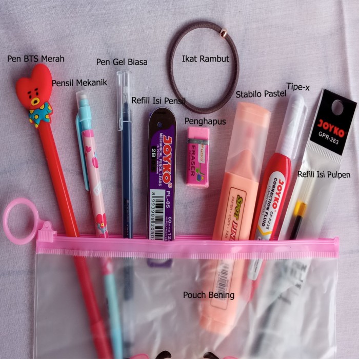 

Paket Alat Tulis Pulpen BTS Pensil Mekanik 0.5 Stabilo Pastel Pouch Bening Tipe-x Murah