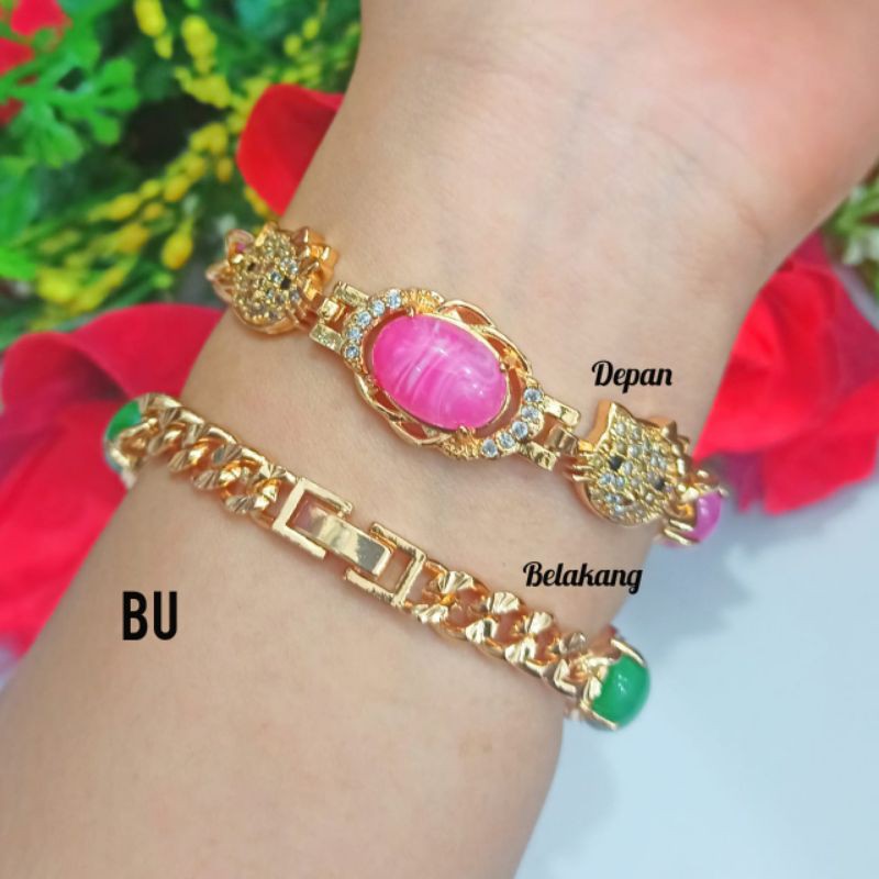 NEW!!! TERBARU GELANG TANGAN WANITA TITANIUM MOTIF HK DAN BATU GIOK ANTI ALERGI LAPIS EMAS GOLD