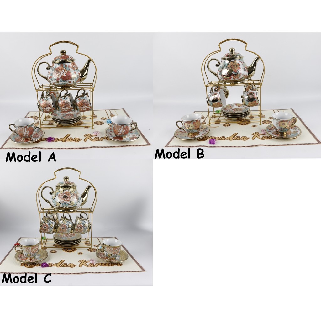 TEKO CANGKIR SET + RAK / TEA SET MOTIF BUNGA