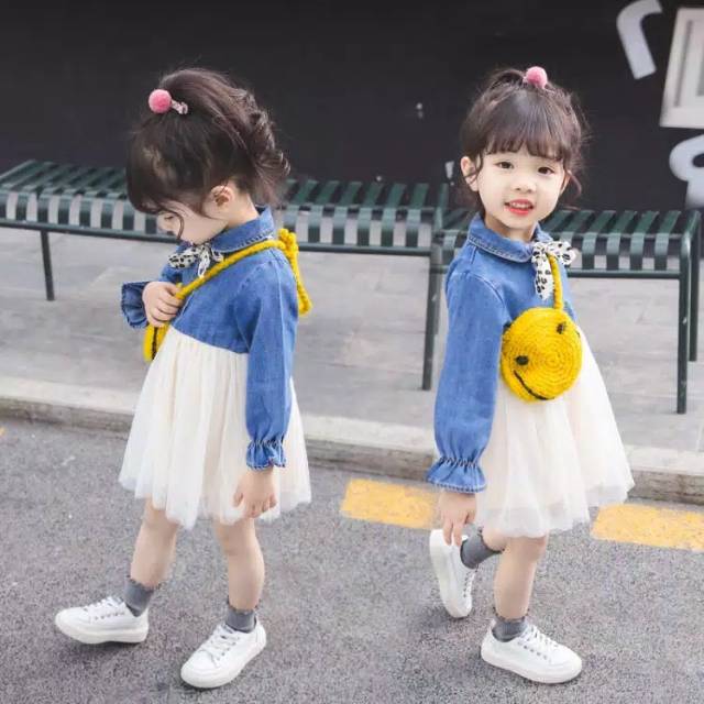 Dress Denim Tutu Anak Perempuan Dengan Simpul Dasi