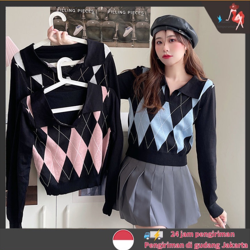 Rajut Premium Kotak Kotak Knitwear Crop Top Lengan Pajang Wanita