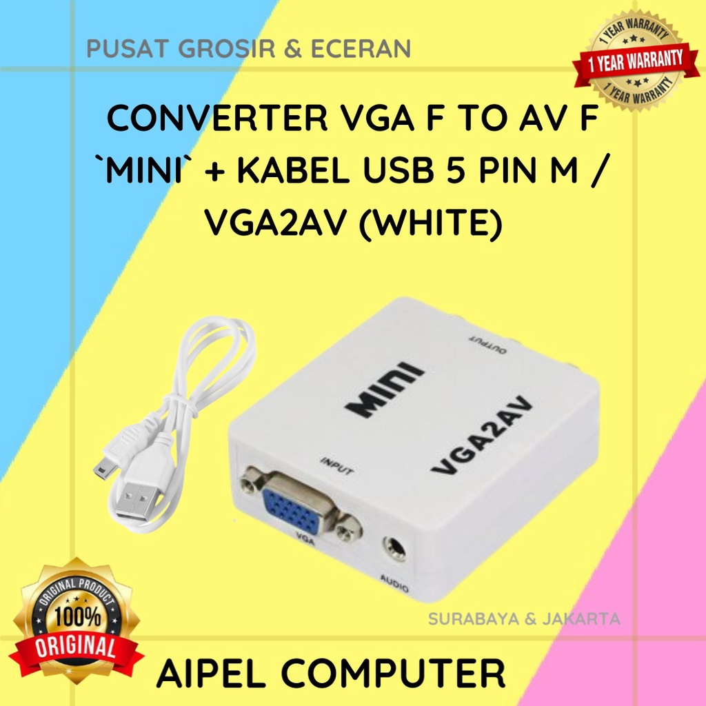 VGA2AV | CONVERTER VGA FEMALE TO AV FEMALE `MINI` + KABEL USB 5 PIN MALE / VGA2AV (BLACK / WHITE)