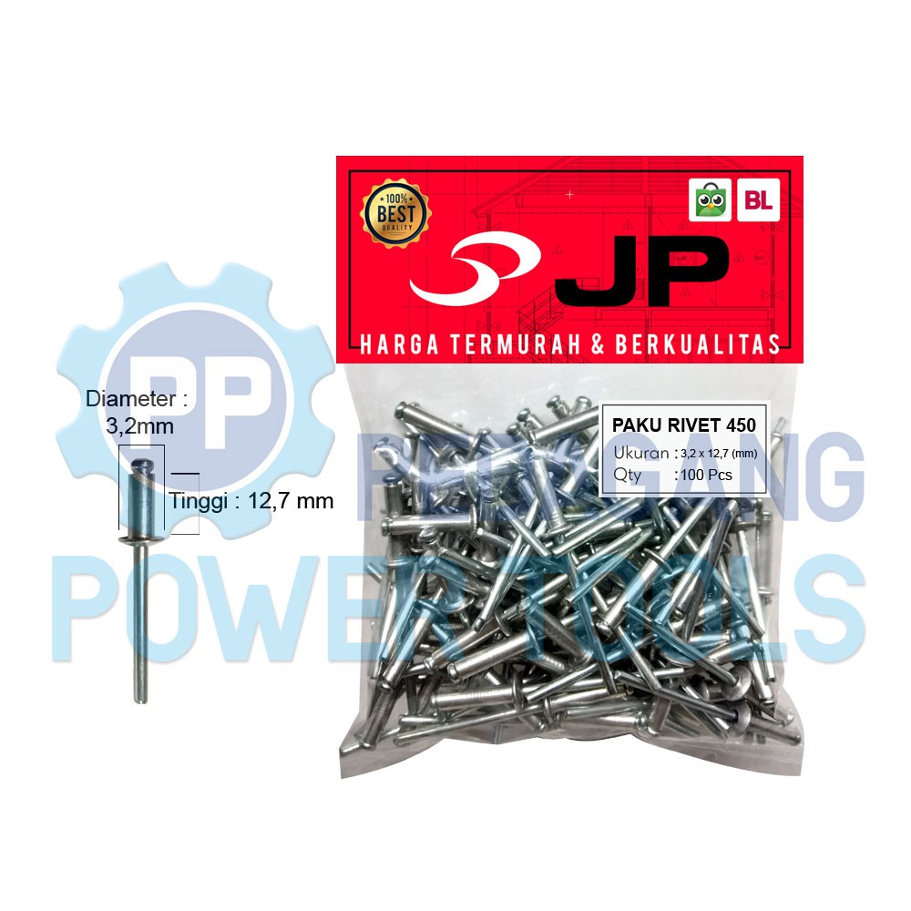 PAKU RIVET 3.2 X 12.7 MM 450 BLIND RIPET RIFET TEMBAK ALUMINIUM 100 PC