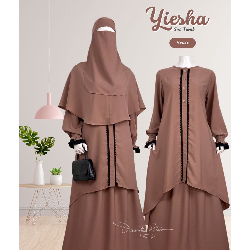YIESHA SET TUNIK (Tunik + Rok + Jilbab Free Cadar Bandana) by DAMAIRA klambieakhwat BISA COD | bahan Wollpeach wolfis grade A busui friendly manset tangan smoke layer renda rajut khimar nonpad