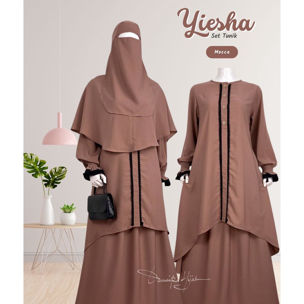 YIESHA SET TUNIK (Tunik + Rok + Jilbab Free Cadar Bandana) by DAMAIRA klambieakhwat BISA COD | bahan Wollpeach wolfis grade A busui friendly manset tangan smoke layer renda rajut khimar nonpad