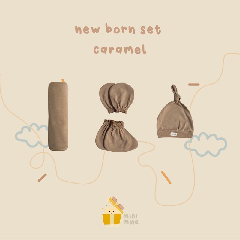 Minimine - New Born Set New Color ( Swaddle + Knot Hat + Mitten and Botties ) berisi bedong, topi, dan sarung tangan dan kaki bayi baru lahir-CARAMEL