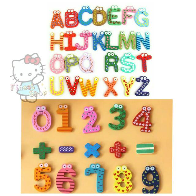 Mainan Huruf Abjad Angka Kayu Magnet Kulkas Mainan Edukasi Anak Lengka