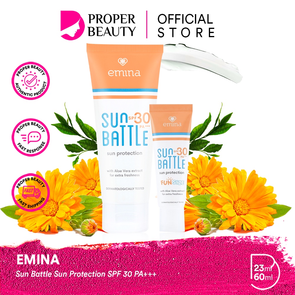 EMINA Sun Battle Sun Protection SPF 30 PA+++ Indonesia / Sunscreen Wajah 60ml 23ml / Sunblock Sunblok Tabir Surya UV UVA UVB Anti Blue Light Protector Protect Pelindung Sinar Matahari Kulit Tubuh / Gel Serum Stick Cream Lotion / Skincare Face Care Buddy