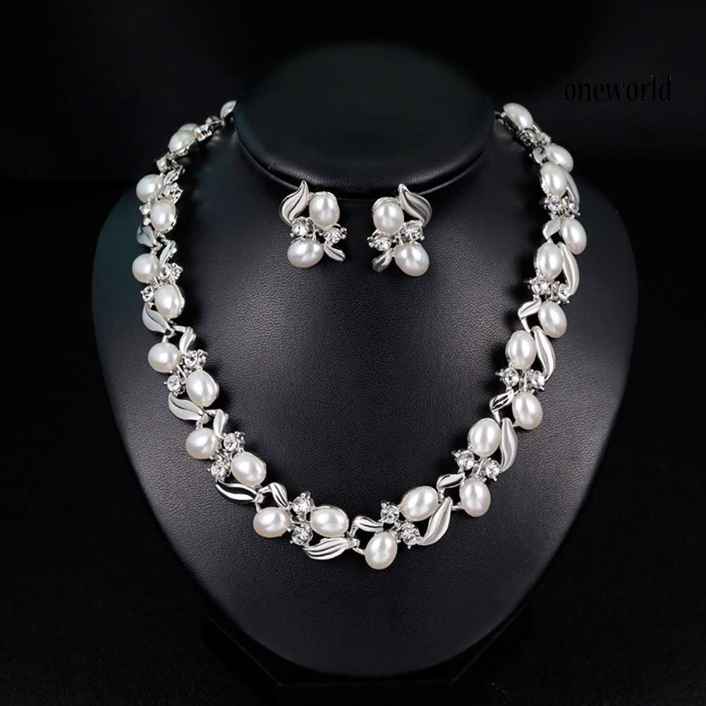 OW@ Fashion Rhinestone Faux Pearl Necklace Earrings Women Bride Wedding Jewelry Set