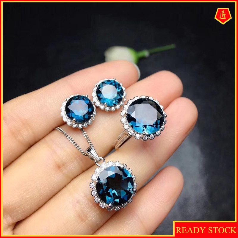 [Ready Stock]4 Karat New Sapphire Necklace Set Rings Stud Earrings