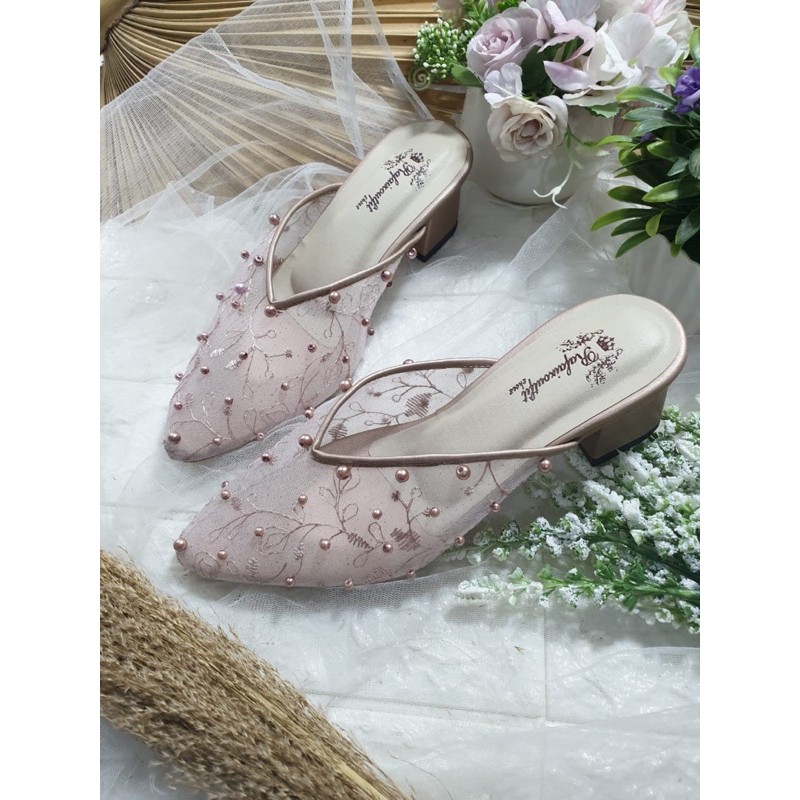 sepatu v rosegold payet purri tabur mutiara cantik 5cm tahu