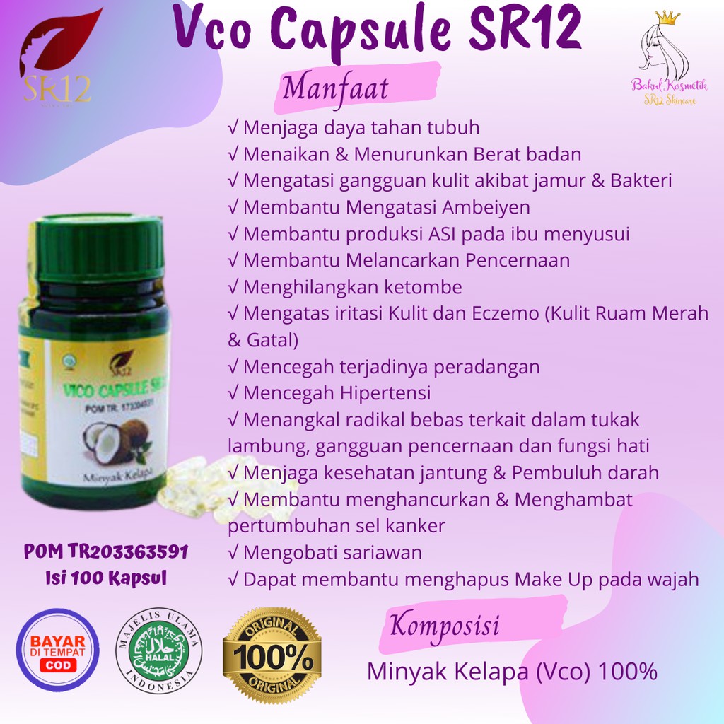 VCO Kapsul SR12 Herbal Minyak Kelapa Murni Mengontrol Nafsu Makan Menjaga Imun Redakan Asam Lambung