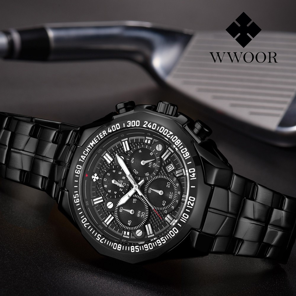 WWOOR Pria 8868 Full Black - Jam Tangan Kasual Krono Militer Sport Army Anti Air Ori