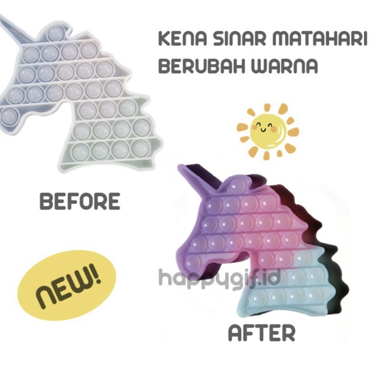 NEW UV EDITION!  BERUBAH WARNA WAKTU KENA UV / SINAR MATAHARI!  Decription:  Features: 1. Material：Silicone. Package include: 1 x Stress Reliever 2. This pop fidget is a great sensory tool you fidget with again and again. 3. Ever catch your children, or m