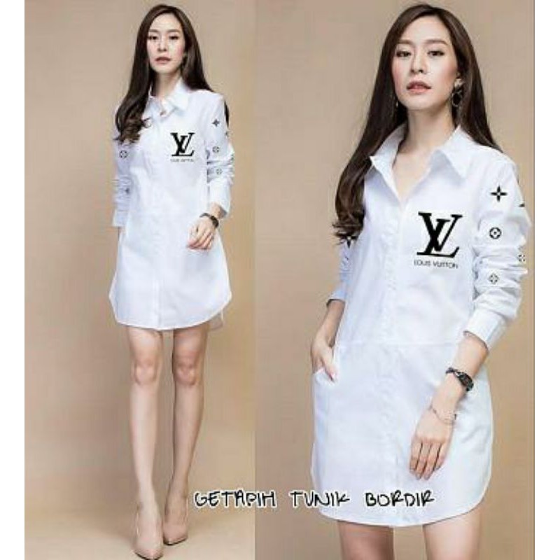 H getapih tunik lv bordir tangan tunik wanita cewe kancing buka busui putih terbaru