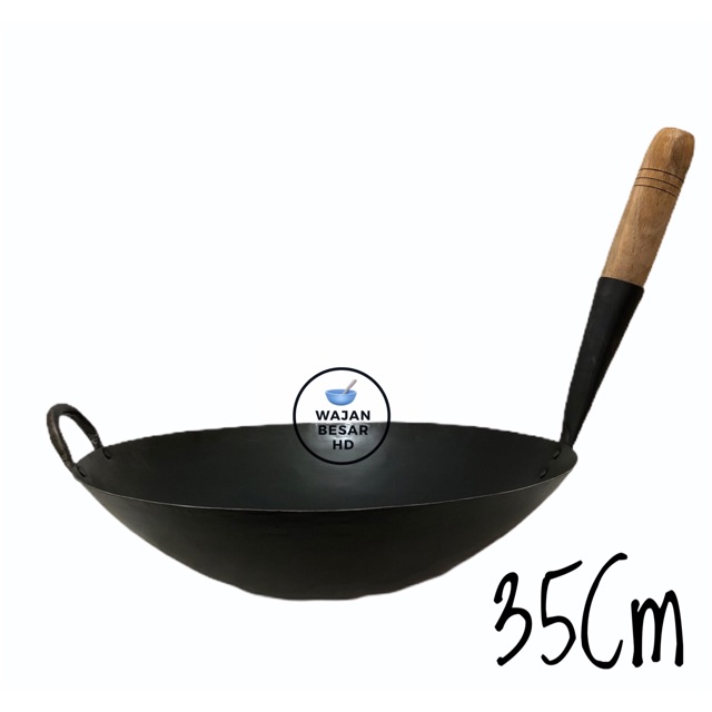 Kuali Wajan Penggorengan Plat Besi Nasi Goreng Gagang Kayu 35 Cm