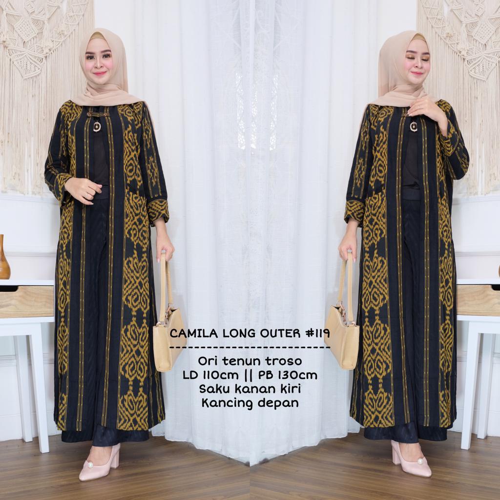 Camila Long Outer Tenun LD 110 cm Dres Kondangan Tenun Troso Ori Modis Pakaian Adat Tenun Ikat Kanci