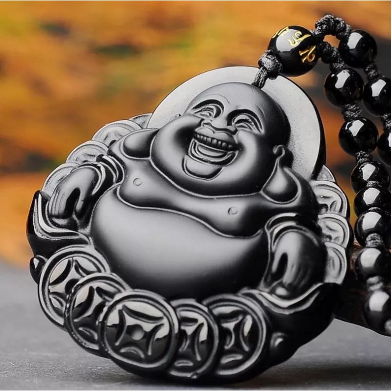 Natural obsidian pendant Buddha Maitreya kalung liontin