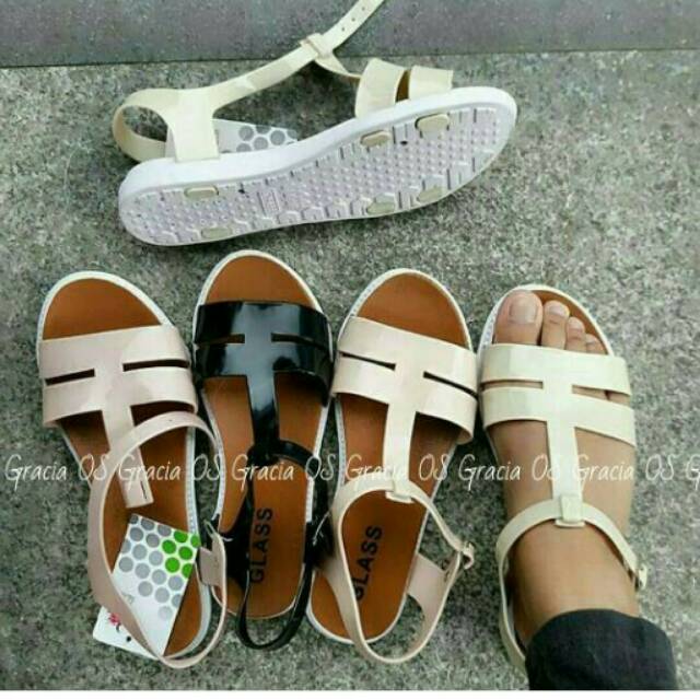 Sepatu sandal sendal wanita cewe karet tali glass gladiator flat teplek