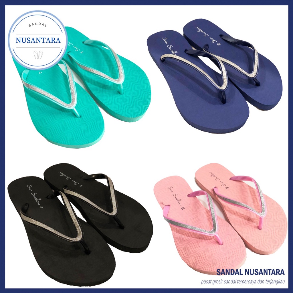 SUN SWALLOW Crystal Sandal Jepit Tali Glitter Wanita Perempuan Pink Tosca Biru Hitam Emas Anti-Licin
