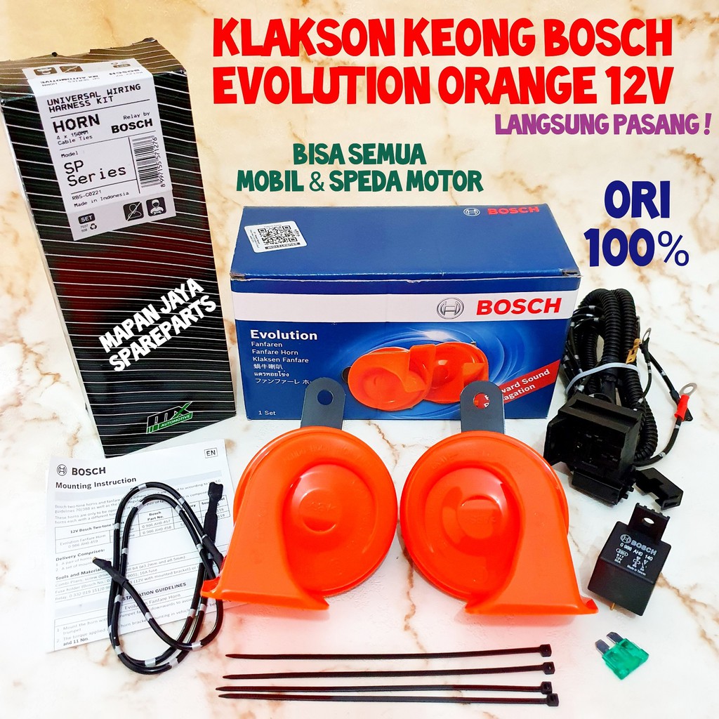 KLAKSON KEONG MOBIL MOTOR BOSCH EVOLUTION ORANGE KOMPLIT KABEL SET RELAY MX