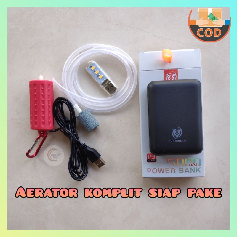 Aerator Usb Tuk Mancing/Aquarium Komplit Powerbank