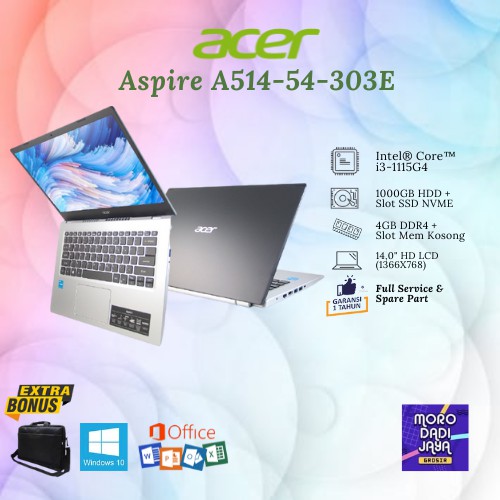 Laptop Murah Acer Aspire A514-54-303E i3-1115G4 | Ram 12GB | 1TB HDD + 256GB SSD | 14" HD | Black | 