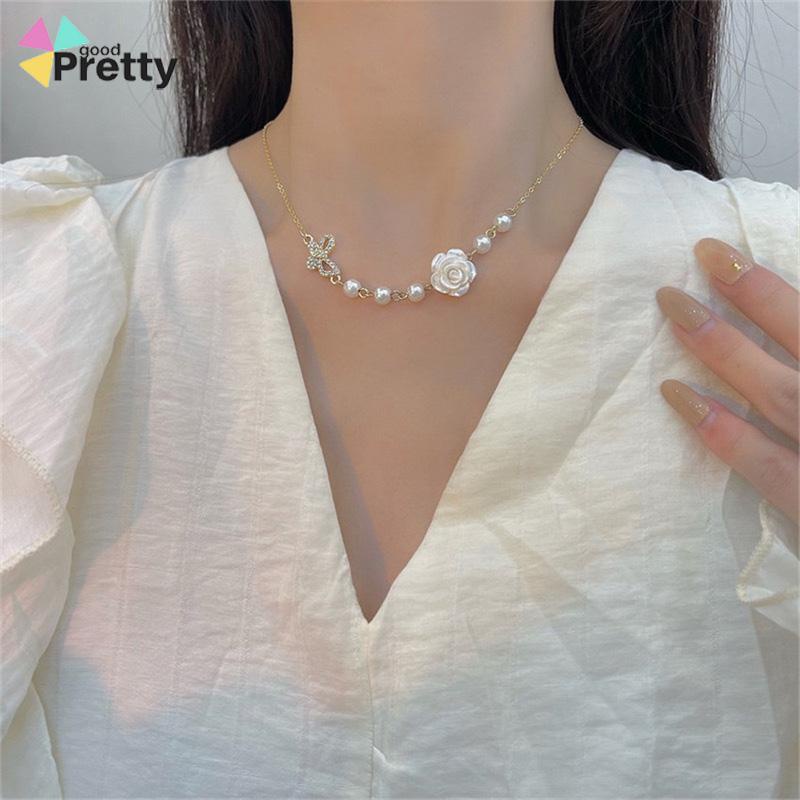 Desain Niche Indah Mutiara Busur Mawar Kalung Gadis Temperamen - PD