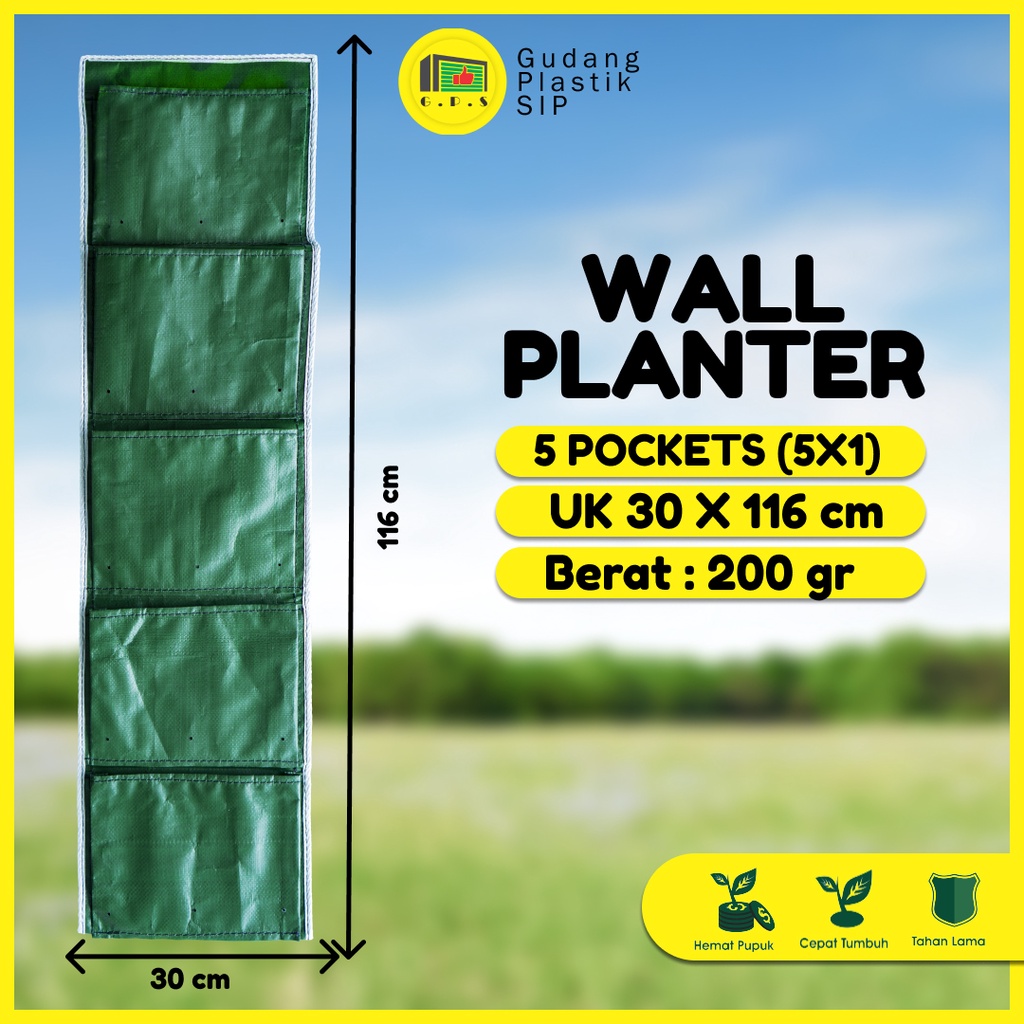 Wall Planter Bag 5 Kantong / Pot Dinding - Hijau / (Vertical)