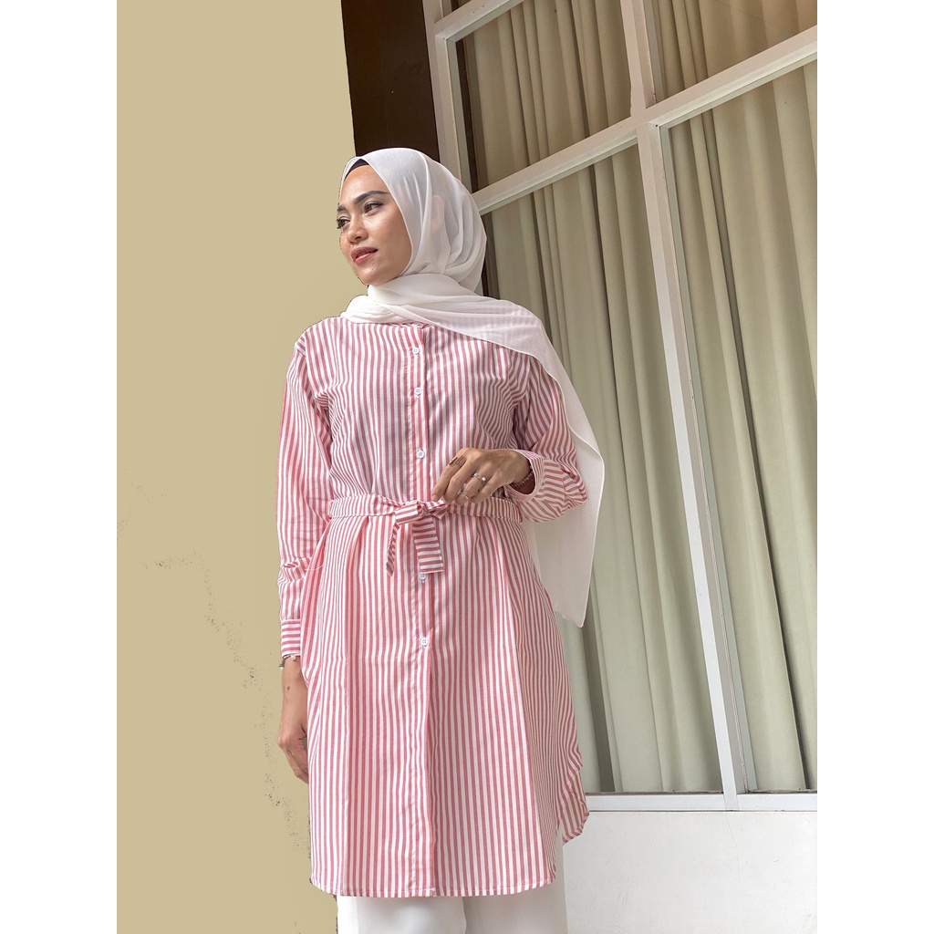 Chamele Tunik Wanita Terbaru Motif Garis Salur Jumbo bahan Katun- Kemeja Wanita motif stripe - Atasan Kemeja Katun Import Jumbo - Atasan