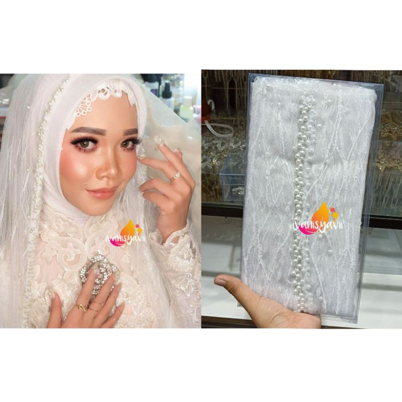 Kerudung pengantin/ veil mutiara gliter/ veil mutiara kombinasi akar/ slayer pengantin