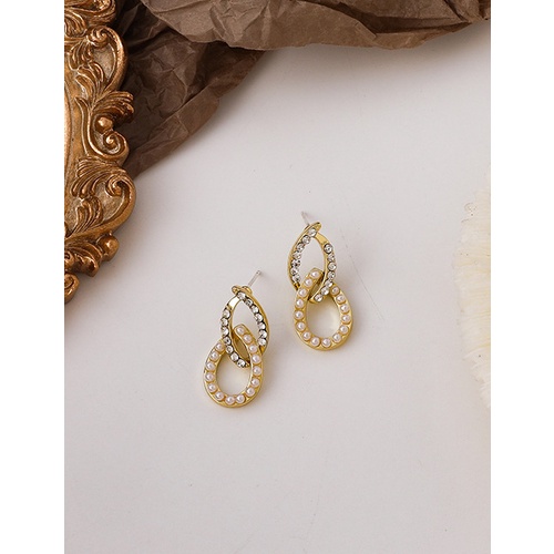 LRC Anting Tusuk Fashion Golden Drop-shaped Diamond Pearl V52465