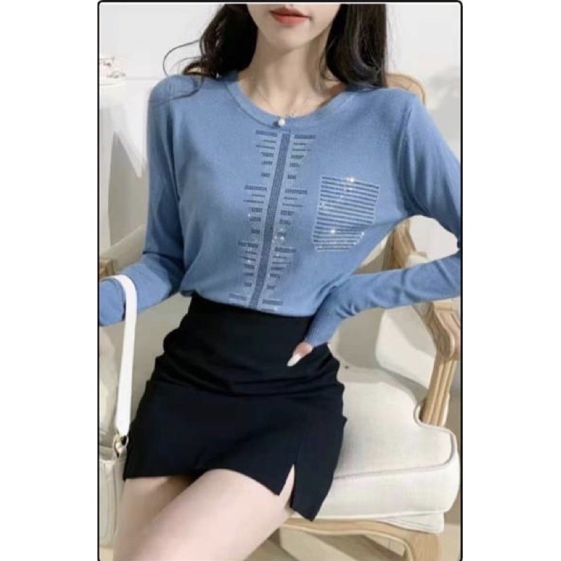 Long Sleeves Knitted Top with Rhinestone Application Import Premium ( Atasan Rajut Lengan Panjang )