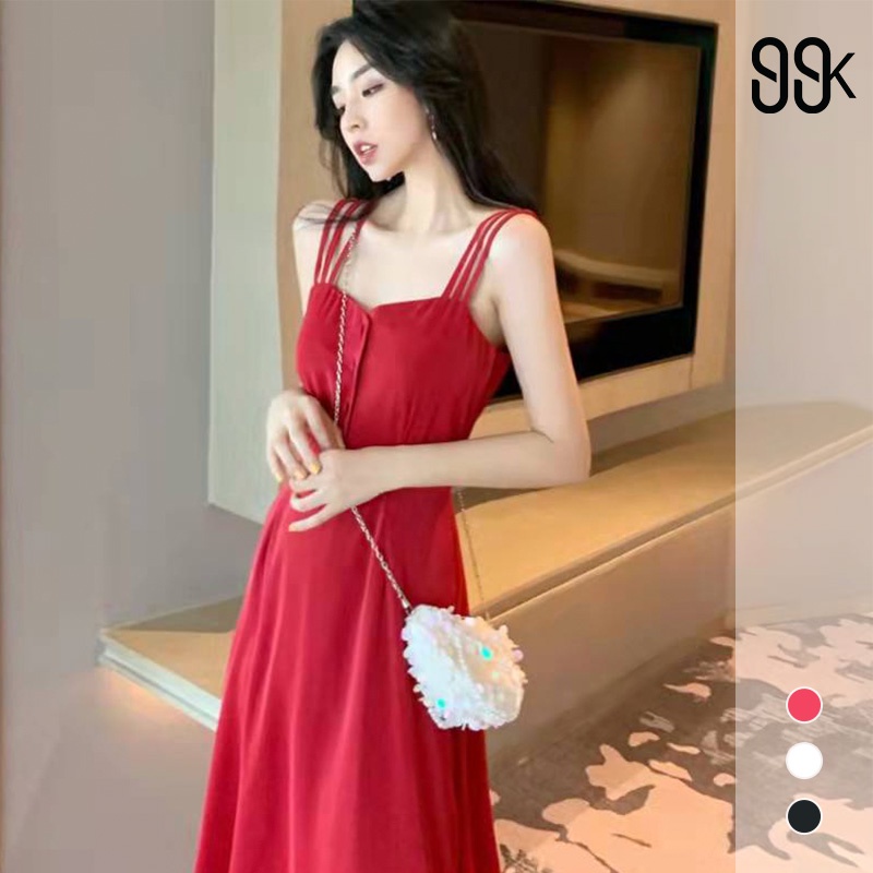 Dress Women A-Line Button Midi Dress Wanita Bahu Terbuka 1319 (XS-XL) (W6C1) Baju Dress Wanita Jumps