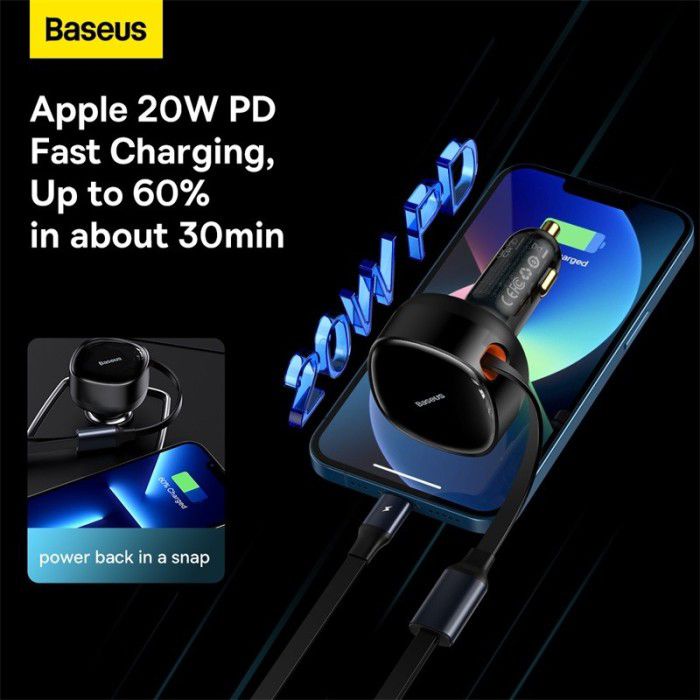 Baseus Car Charger 2 In 1 Cable Built In Type C 6 Lightning 30W Enjoyment Retractable Cable Max 75cm