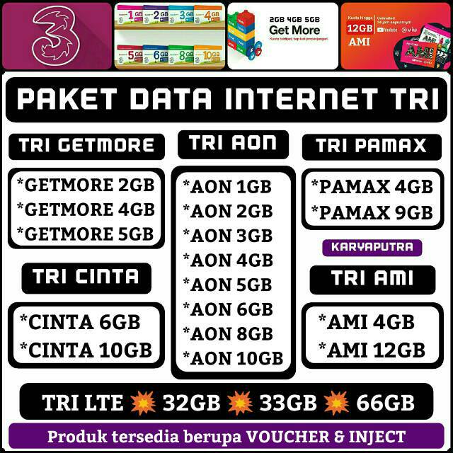 Paket Tri Aon GetMore Kuota Happy LTE 1GB 2GB 3GB 5GB 10GB 15GB 25GB 32GB 33GB 66GB