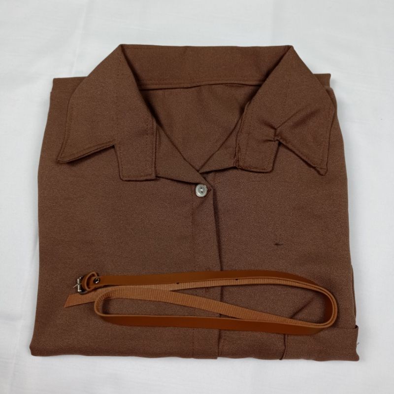 Kemeja Wanita Atasan Blouse Casual Polos Lengan Panjang Kekinian Bahan Moscrep Free belt model Korea-MOCA-015