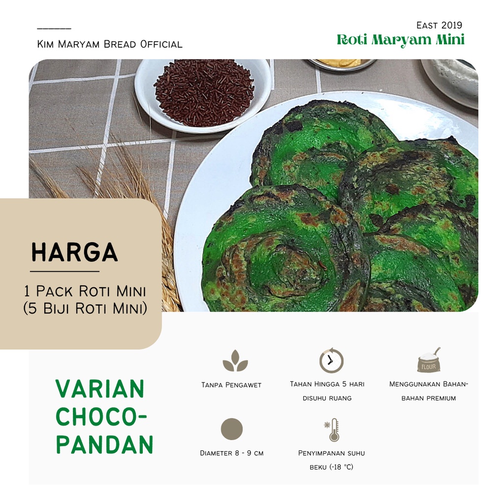 

Roti Maryam/Canai/Cane/Konde Kim Mini Choco-Pandan 1 Pack isi 5 Pcs