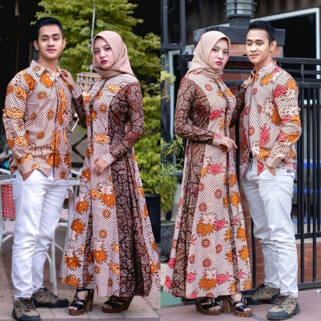 Couple Gamis Batik Full Kancing Motif Daun Singkong Kombinasi Shopee Indonesia