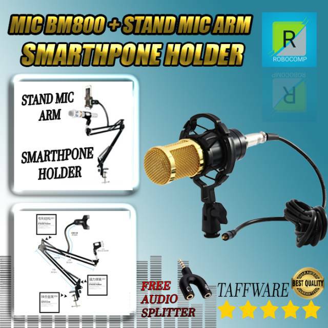 MIC CONDENSER BM 800 + STAND + AUDIO SPLITTER + PHONE HOLDER