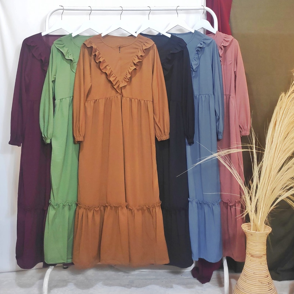 Dailythings Gamis Askara BUSUI Ruffle Kerah V Ukuran Fit L sampai XXL LD 100 Panjang 130