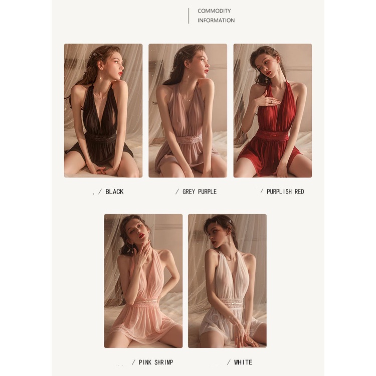 Lingerie Sexy V-Neck Halter Neck open Back Mesh transparan Baju Tidur Wanita A559