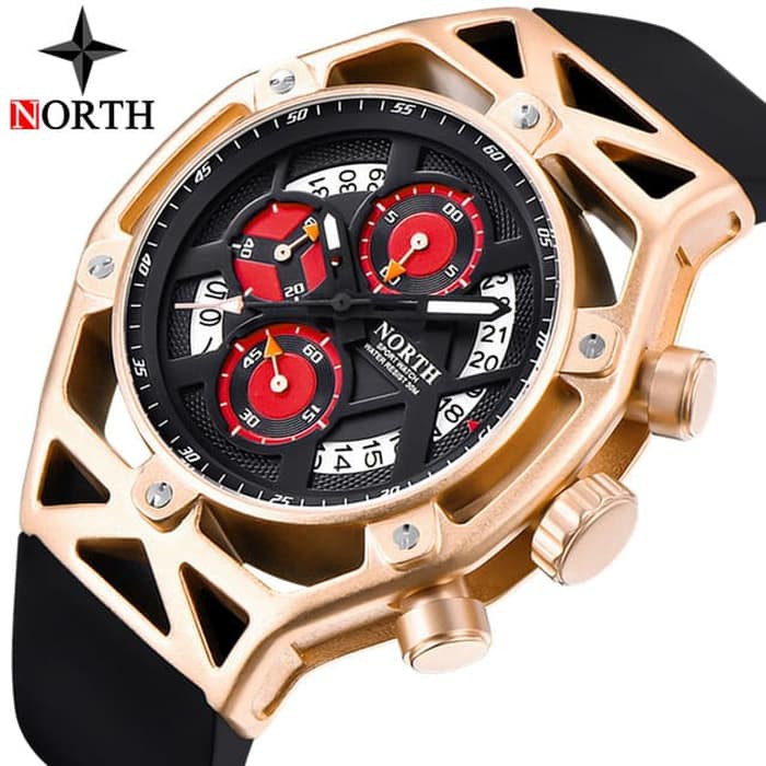 Jam Tangan Pria Original NORTH 7710 Chronograph Anti Air Black Gold