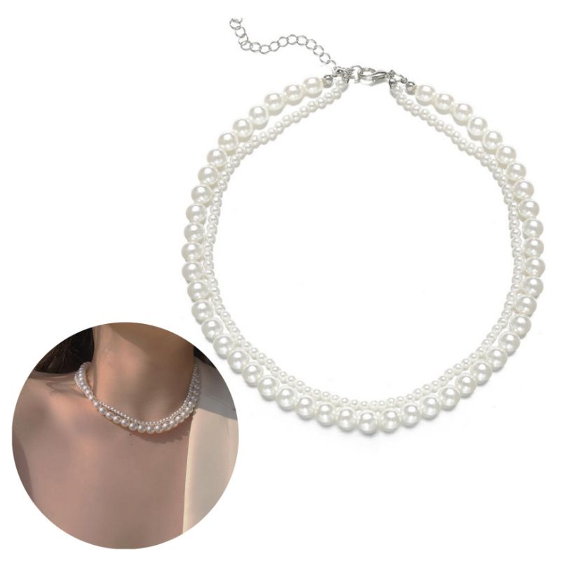 Elsa Double Layer Korean Pearl Necklace Kalung Tumpuk Multilayer Mutiara Dua Lapis Gaya Korea