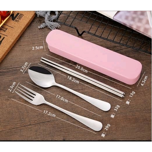 Sendok set Travel 3Pcs Stainless Steel Set Alat Makan Sendok Garpu Sumpit / Spoon Fork Chopsticks LUCU warna warni murah berkualitas