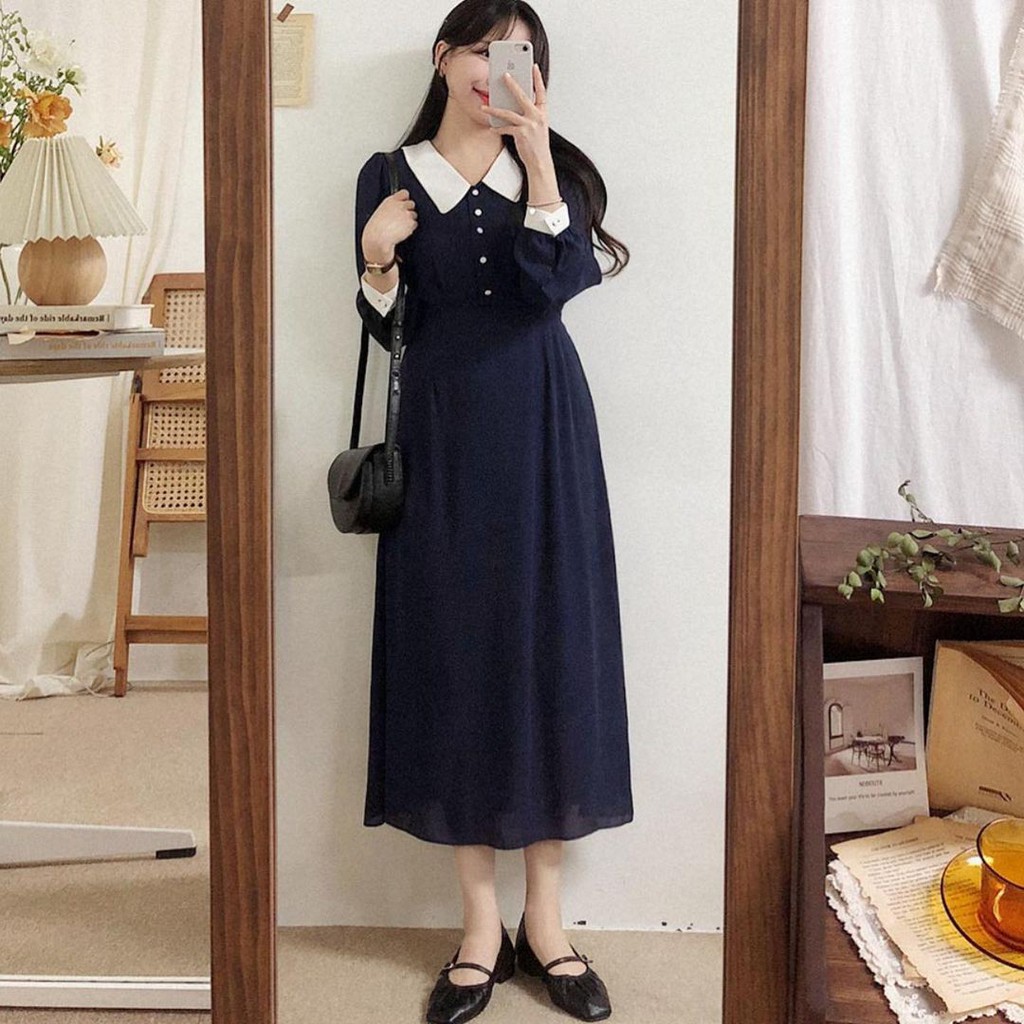 LONG DRESS KOREA NABILA | DRESS WANITA MUSLIM TERBARU | DRESS KOREA CASUAL|DRESS CERUTY KONDANGAN MURAH PREMIUM | DRESS KONDANG HIJAB | DRESS KONDANG KEKINIAN-Navy