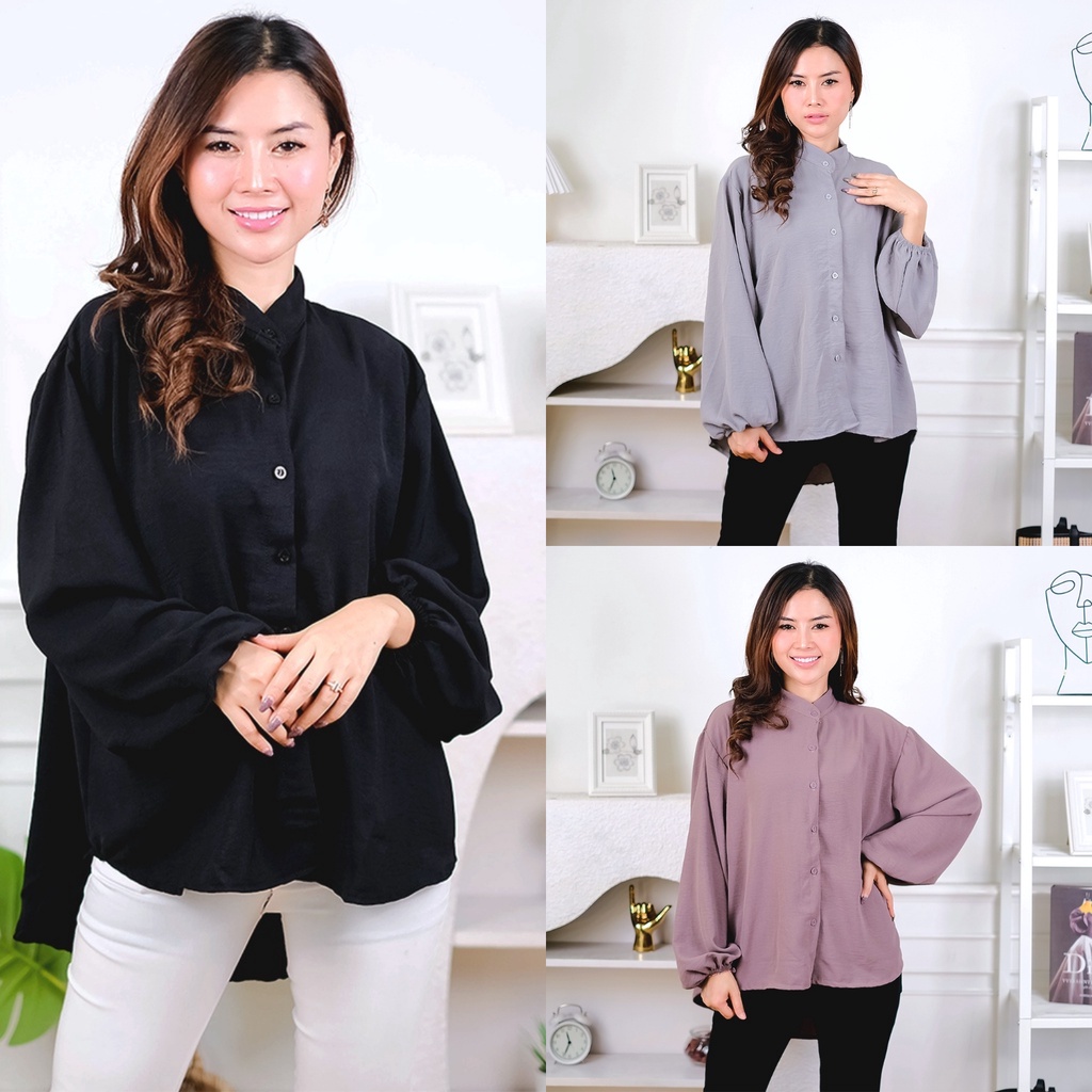 Baju Atasan Kemeja Blouse Blose Airflow Crincle Ootd Hitam Lilac Abu Casual Army Polos Basic Oversiz
