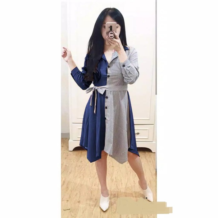 TBI Casual Midi Dress Kombinasi Salur Polos Variasi Fashion Baju Terkini