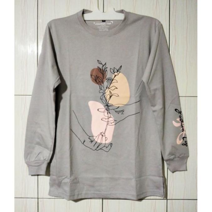 Kaos Wanita Lengan Panjang Fashion Top Original Abu Abu Muda Bunga