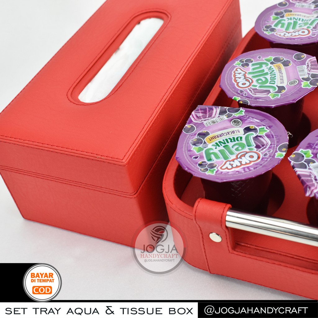 Paket Hemat 1 Set Kotak Tissue + Tatakan / Baki / Tray Aqua Mineral Gelas Isi 6 Jogja Handycraft